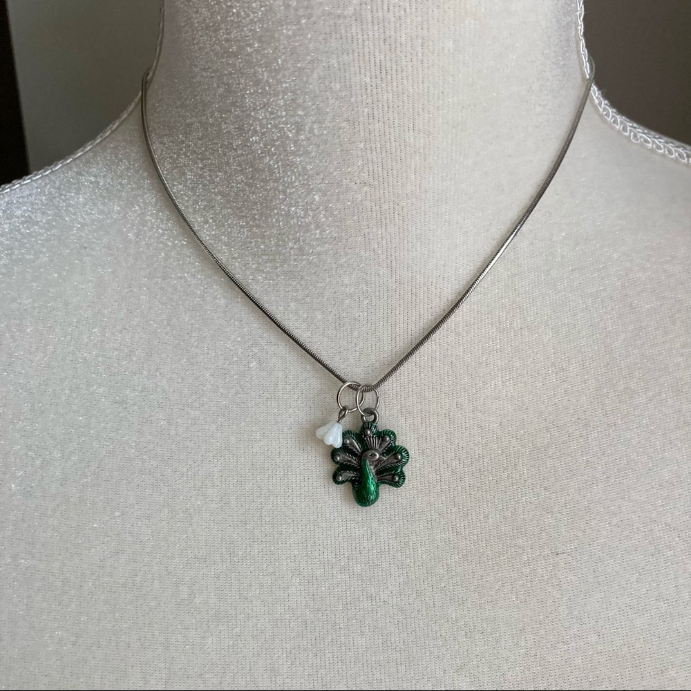 Vintage Peacock and Flower Charm Necklace